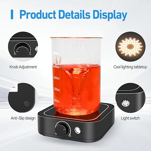 Magnetic Stirrer 3000rpm with LED Light, Magnetic stir Plate with 2pcs Stir Bar Set, Mini Magnetic Mixer Stirrer Max Stirring Capacity 3000mL for Lab and Homebrew