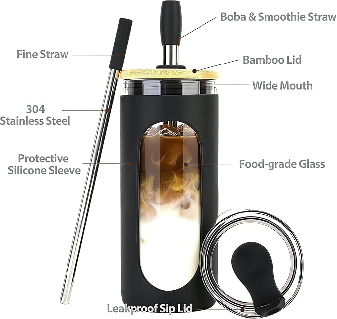 Sursip 20 oz Glass Tumbler with Lids and Straws, Reusable Borosilicate Glass Iced Coffee Cup with Bamboo Lid for Smoothie Boba Juice,Travel BPA-Free - Pink