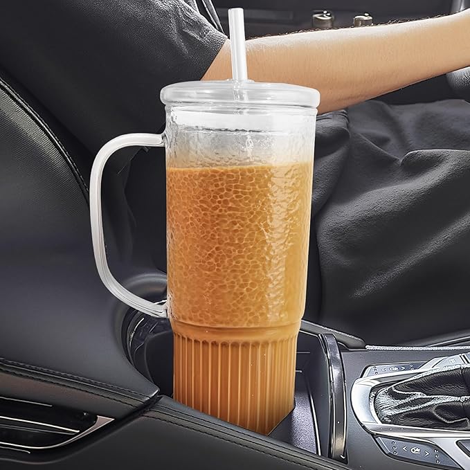 JunVpic Glass Cups with Lids and Straws,24oz Glass Tumbler with Handle Iced Coffee Cup for Coffee,Juice,Tea,Milk,Smoothie,Hot & Cold Drinks (Clear)