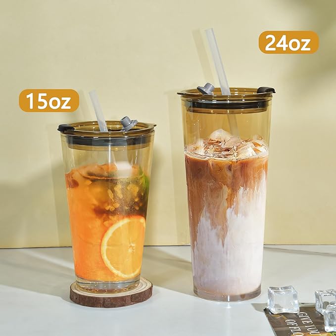 15oz 2 Pcs Glass Iced Coffee Cup with Lid Straw Thick Leak Proof Drinking Glasses Tumbler for Gift Cold Drink Smoothie Boba Tea(Amber*2)