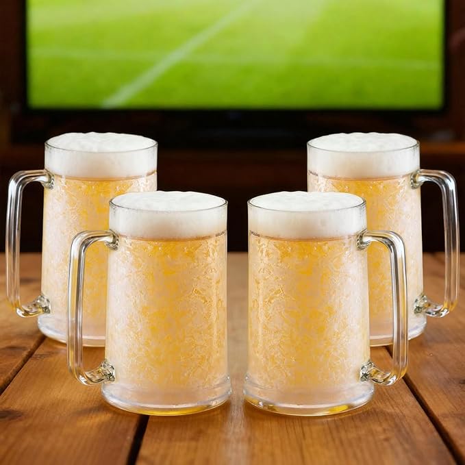 Lily's Home Freezer Beer Mugs with Handles, 16 oz Set of 4 – Clear Frosted Double Wall Insulated Acrylic, Gel-Filled, Break-Resistant for Home Bar, Pool Parties, BBQ & Outdoor
