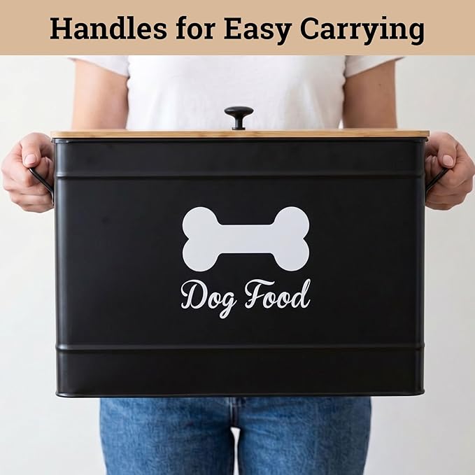 Dog Food Container Airtight 15 lb (50 Cup) Capacity with Metal Scoop - Cute Airtight Dog Food Storage Container with Bamboo Lid - Black Metal Kibble Storage Bin for Dogs up to 100 lbs - Big Pet Jar