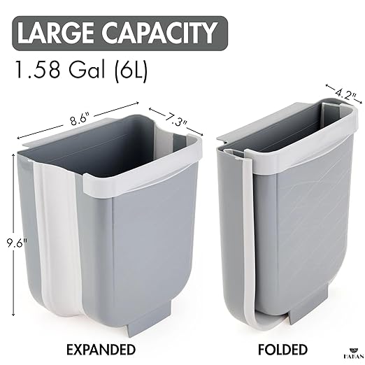 Hakan Hanging Foldable Trash Can for Kitchen Cabinet Door | Collapsible Narrow Waste Bin | Compact Travel Trash Can | Space Saving 6 L Plastic Garbage Bin Under Sink | 1.5 Gallon Waste Basket, Gray