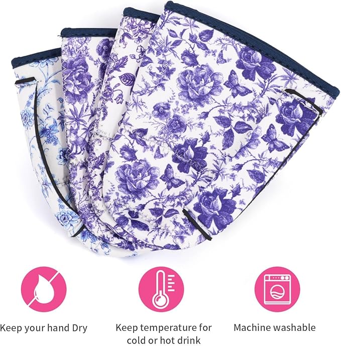 4Pack Reusable Iced Coffee Sleeve Insulator Sleeves for Cold Drinks Beverages, Neoprene Cup Holder for Most Coffee, Fits 30-32oz Large Cups (Floral Like China)