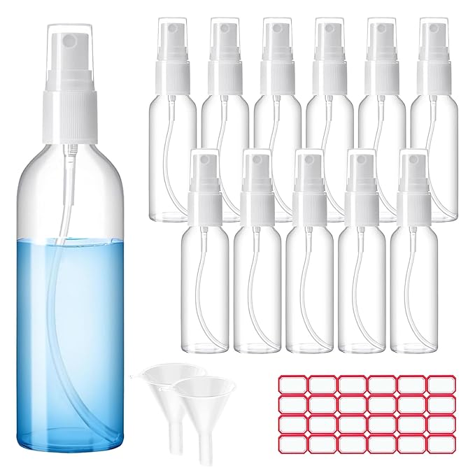 Zoizocp Spray Bottles, 2oz/50ml Clear Empty Fine Mist Plastic Mini Travel Bottle Set, Small Refillable Liquid Containers with 2pcs Funnels and 24pcs Labels (12 Pack)