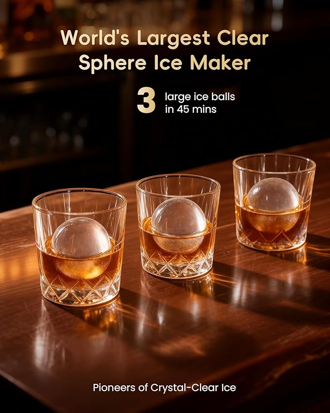 ecozy 2.4" Clear Ice Ball Maker Countertop with CrystalFlux Technology, 3 pcs in 45 Mins, 96 pcs/Day, Sphere Ice Maker with Automatic Water Supply, Self-Cleaning, Enhanced Insulation for Whiskey Bar
