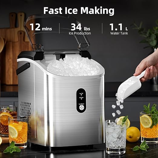 Antarctic Star Nugget Ice Maker Countertop, 35lbs/24H Ice Machine, Soft Chewable Sonic Ice, Self-Cleaning, Fast Ice Ready in 8 Minutes, Compact Design with Handle, Stainless Steel Silver
