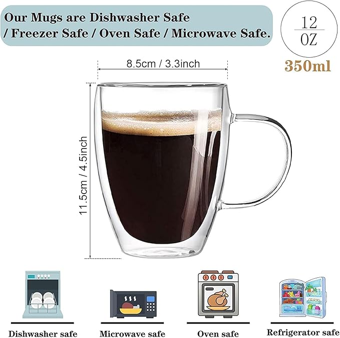 12 oz/350ml Double Walled Glass Coffee Mugs, Glass Coffee Cups Set of 4, Insulated Borosilicate Clear Glasses, Espresso Cappuccino Latte Tea Cups with Handle for Latte, Hot/Cold Drink