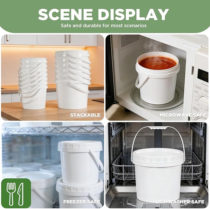 4 Pack 1.3 Gallon White Plastic Storage Buckets with Screw Lids, Food Grade Container with Measurement Markings, Reusable Small Container
