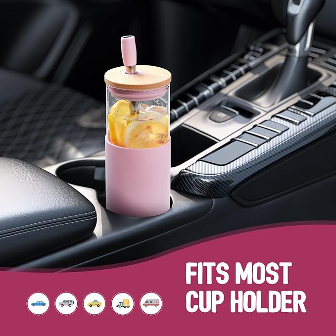 Kodrine 24oz Glass Tumbler with Lids and Straws|Bamboo & On the go Lid|Reusable Ice Coffee Cup with Silicone Sleeve, Glass Coffee Tumbler for Smoothie/Matcha, Dishwasher & BPA Free-Pink