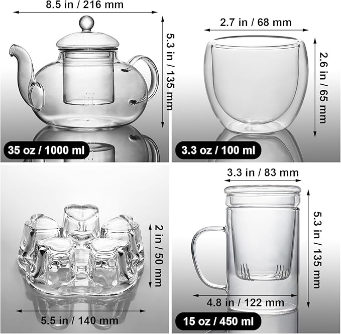2-IN-1 Glass Tea Sets for Adults - Includes Glass Teapot and Mug with Infuser, Warmer Base, 4 Double Wall Glass Tea Cup - for Both Personal and Gathering Tea Time, Gifts for Tea Lovers