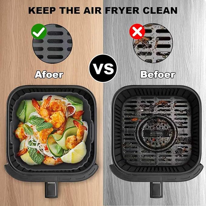 8.5 Inch Square Silicone Air Fryer Liners 2 Pack, Reusable Air Fryer Basket Liners for Ninja AF141 AF142 AF181, COSORI, Cuisinart, Chefman, Instant Air Fryer 5–6.5 QT