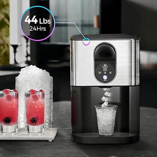 Kismile Countertop Nugget Ice Maker, 44lbs/24H Soft Chewable Pebble Ice Machine with Self-Cleaning and One-Click Operation, Compact Pellet Ice Maker for Home & Kitchen (Silver)