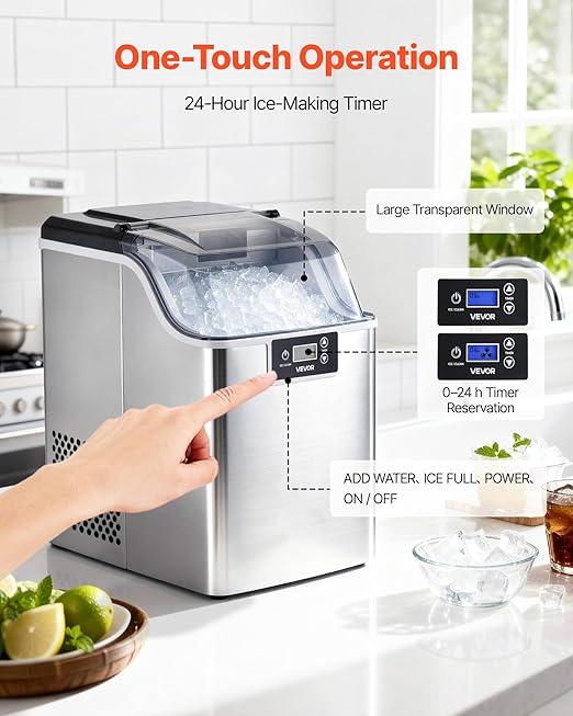 VEVOR Countertop Ice Maker, 44 lbs per Day, Self-Cleaning Portable Machine with Scoop, 4 lbs Ice-Storage Basket, Nugget Ice-Making Machine with Chewable ICES for Home, Kitchen, Office, Bar & Party