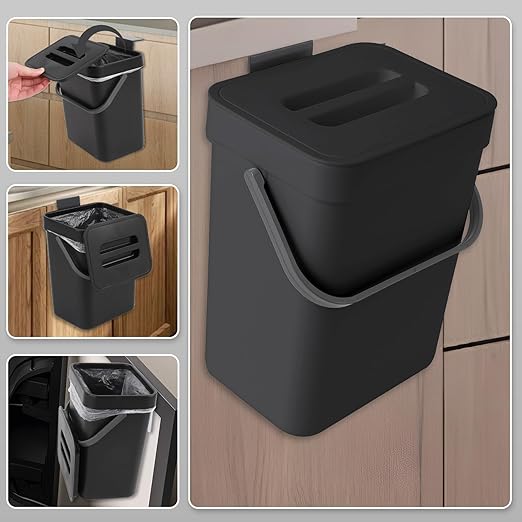 1.3 Gallon/5L Kitchen Compost Bin, Suitable for Countertops or Under Sink, Hanging Hook Trash Can with Lid, Ideal for Cabinets/Bathrooms/Bedrooms/Offices/Camping (Black)