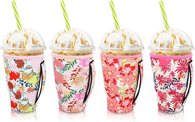 4Pack Reusable Iced Coffee Sleeve Insulator Sleeves for Cold Drinks Beverages, Neoprene Cup Holder for Most Coffee, Fits 30-32oz Large Cups (Blooming Bright)
