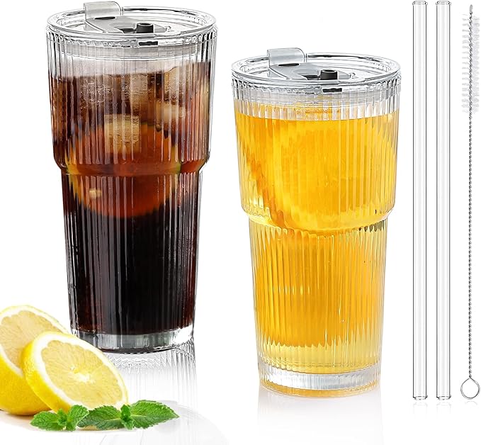 Glass Cups with Lids and Straws – 20oz Glass Tumbler with Straw and Lid, Reusable Iced Coffee Cup, Smoothie & Tea Glass, Ideal for Home, Office, Travel, 2 Pack