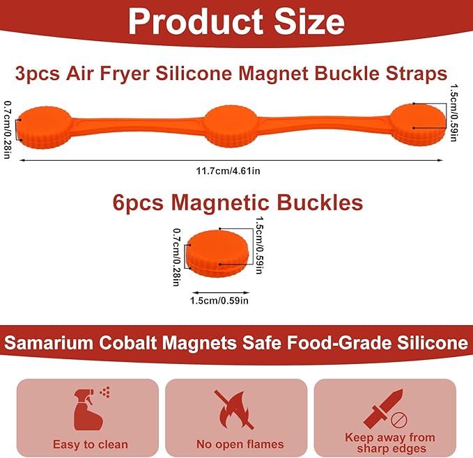 3 Sets Air Fryer Magnet Silicone Buckle, Secure Locking Disposable Liners Heat-Resistant & Prevent Paper Burns Magnetic Clips Holder for All Iron Air Fryer Accessories (Orange)