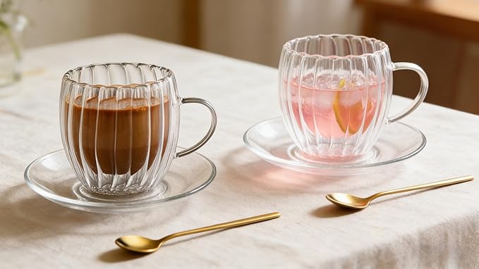 Double Wall Glass Coffee Mugs Set, Teacup with Saucer and Spoon Set of 2 Pack, 8.5oz/260ml for Cappuccino, Latte, Hot and Cold Drinks (Clear - Pumpkin Shaped - 2 Pack)