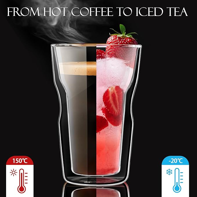Joeyan Double Wall Glass Tumbler, 16.9oz Lager Insulated Dinking Highball Glasses, Clear Borosilicate Tall Glass Coffee Cups for Iced Coffee, Latte, Cocktails, Tea, Smoothie, Mixed Drinks, Set of 2