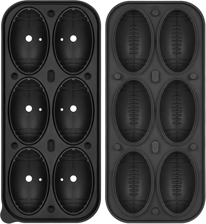 Silicone Large Ice Cube Tray, 6 Big Football Ice Cube Trays for Freezer,ICE Maker,Ice Cube Mold,Nice ICE Cube Trays,Crushed Ice Trays for Wiskey Cocktail Beer (Black, 6 Large Ice Cubes)