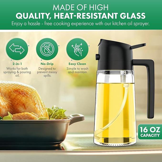 Oil Sprayer and Dispenser 2-in-1, 16oz/470ml Glass Bottle with Flip Cap, Oil Mister for Cooking, Air Fryer, Grilling, Salad, Frying, BBQ, Black