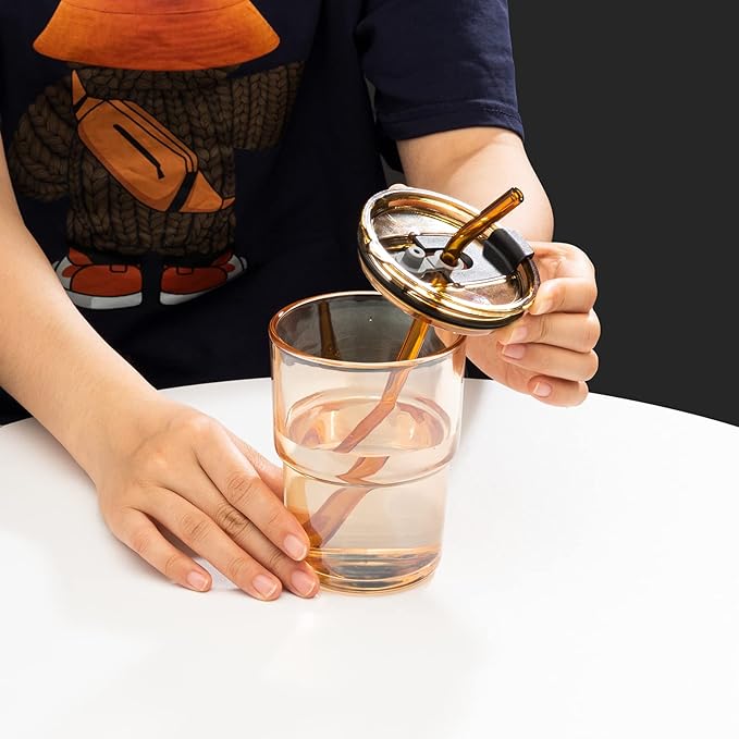 BLUEPOLAR 13oz/400ml Glass Water Tumbler with Straw and Lid Sealed Carry On Thick Wall Iced Coffee Cup Glass Cup for Water, Iced Tea Fruit Juice Etc (Amber-4Pack)