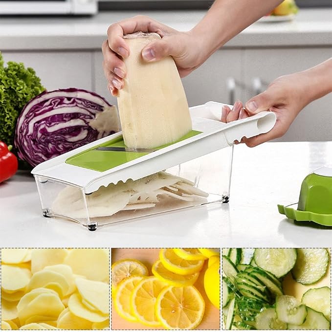 Mandoline Slicer Vegetable Potato Slicer Grater Cutter Chopper, HaetFire Julienne Slices and Shreds Fruits and Vegetables Chopper, Food Container, Safety Food Holder, 5 Interchangeable Sharp Blades