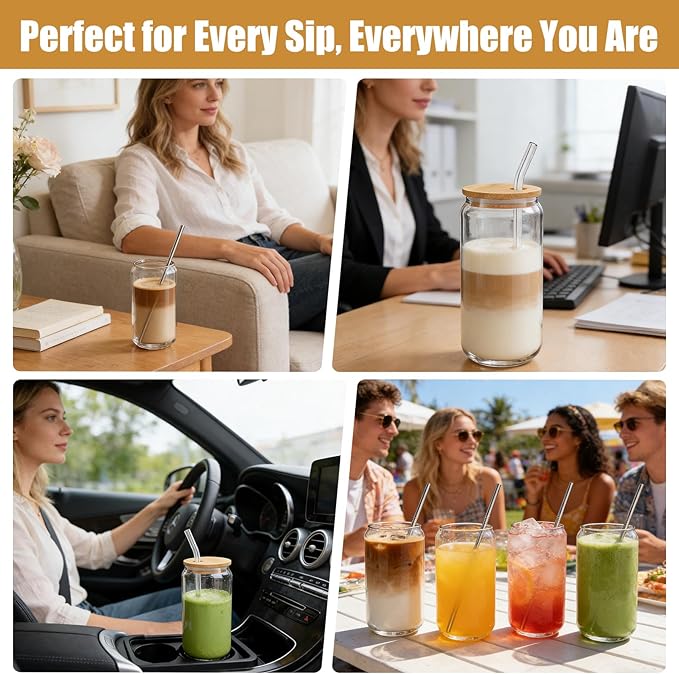 Glass Cups with Lids and Straws, 20 oz Dual Lid Two Straw Tumbler, Travel Home Versatile Beer Can Cup, Iced Coffee Drinkware, Clear Mug for Smoothie Beverage with Two Cleaning Brushes