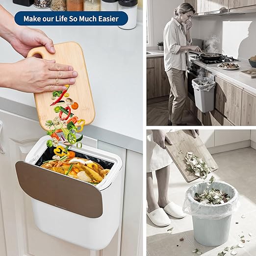 2.4 Gallon/9L Hanging Trash Can with Stainless Steel Lid, Mountable Compost Bin for Kitchen Cabinet Door, Under Sink Food Waste Container for RV, Bathroom, Office