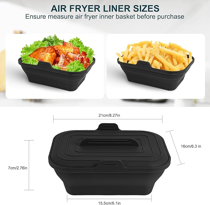 Silicone Air Fryer Liners Collapsible, 8.2 Inch Reusable Air Fryer Liners With lid-Long-lasting Freshness - Easy to Clean Air Fryers Pot for 5.8 to 8 Qt Baking Tray Oven Accessories, Black