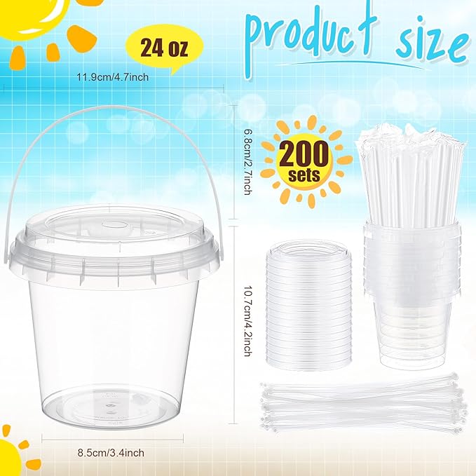 Funnymoom 200 Set 24oz Clear Plastic Drink Buckets with Lids and Straws Disposable Iced Coffee Cups Rum Buckets for Cocktail Parties Smoothie Cup Bulk with Handles for Beach Pool Party Supplies