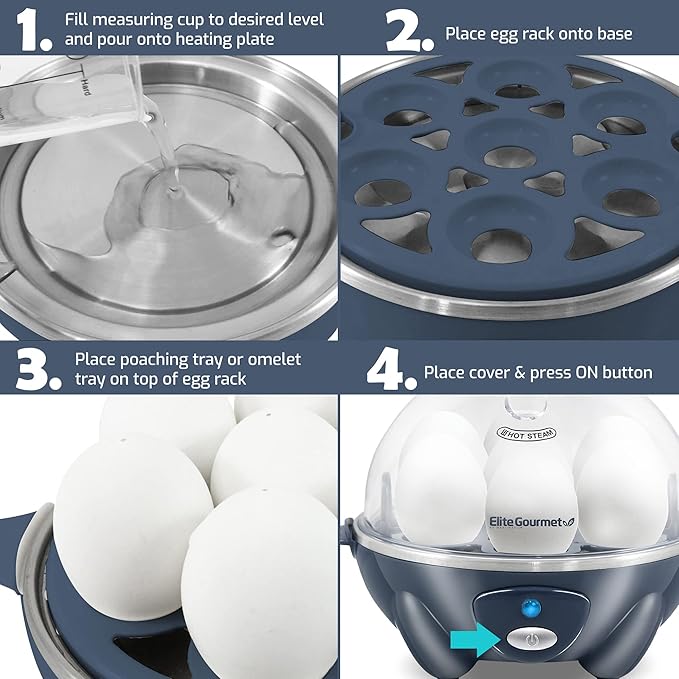Elite Gourmet EGC710BG Rapid Egg Cooker, 7 Easy-To-Peel, Hard, Medium, Soft Boiled Eggs, Poacher, Omelet Maker, Auto Shut-Off, Alarm, 16-Recipe Booklet, BPA-Free, Slate Blue