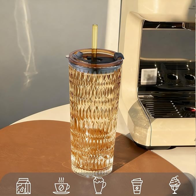 Puraville 2 Pack 18oz Glass Cups with Lids and Straws, Vintage Diamond Pattern Thickened Glassware for Whiskey Cocktail Beer, Mason Jar Drinking Glasses Tumbler Iced Coffee Cup, Amber