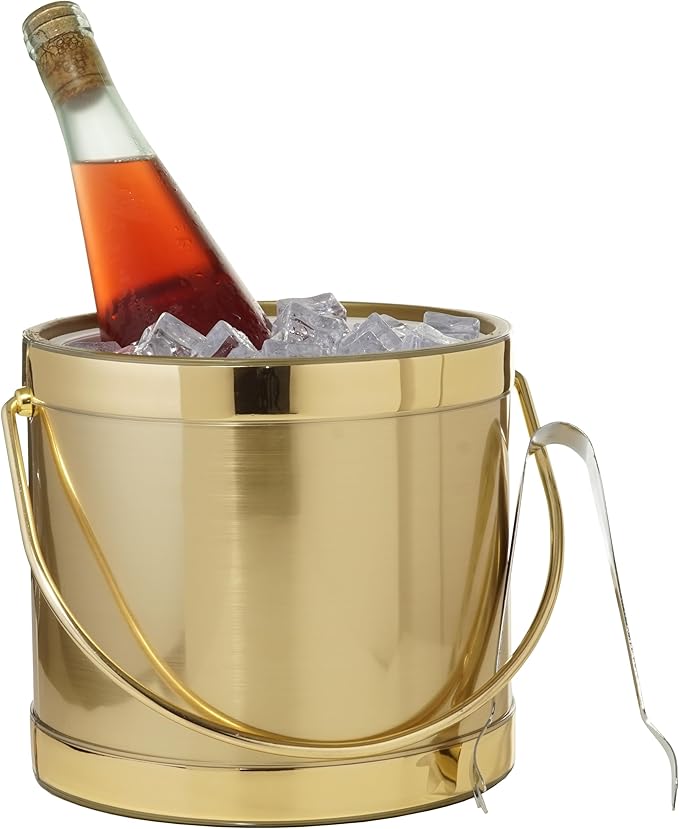 Made In USA Metallic Deco Collection Double Walled Insulated Ice Bucket With Ice Tongs (3-Quart, Gold)