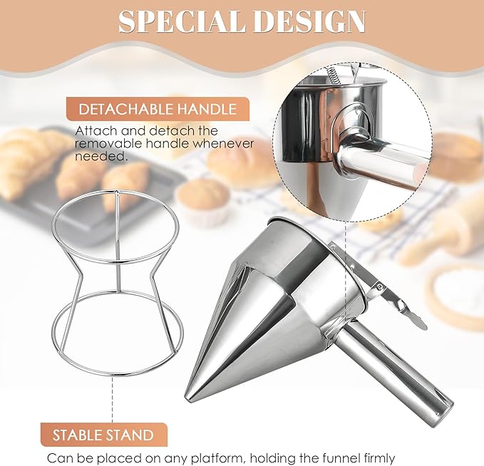 MAOPINER 20OZ Stainless Steel Pancake Batter Dispenser, Piston Funnel Cake Dispenser with Stand, Commercial Chocolate Funnel for Baking & Takoyaki (600ML/20OZ)