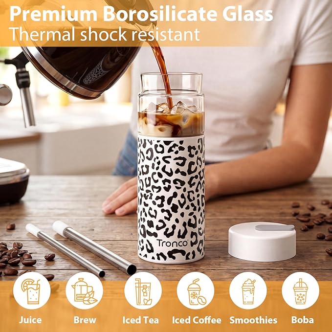 Tronco 24 oz Glass Tumbler with Lid & Straw, Iced Coffee Cup - Smoothie Cup with Silicone Lid for Boba Tea, Home, Office, Travel & Gifts, Borosilicate Glass Cups, BPA-Free, Leak-Proof, Dishwasher Safe