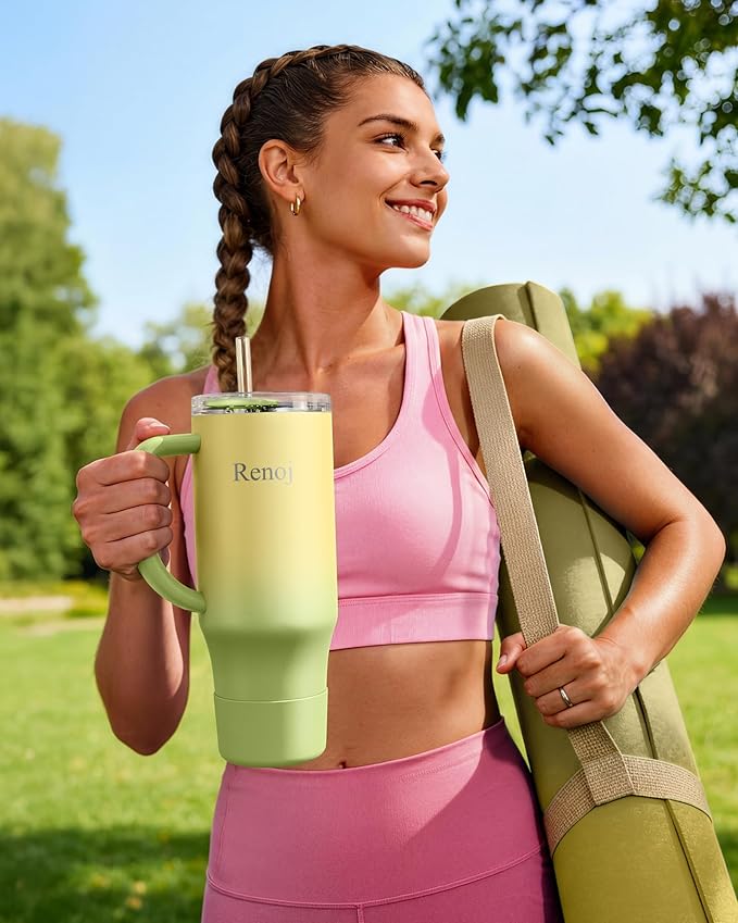 Renoj Insulated Mug 100% Spill Resistant Insulated Water Bottle for Iced Coffee & Hot Drinks - Fits Car Cup Holder, Ideal Gift, 2 Straws & Silicone Boot - FlexSlide Green Gradient 40 oz