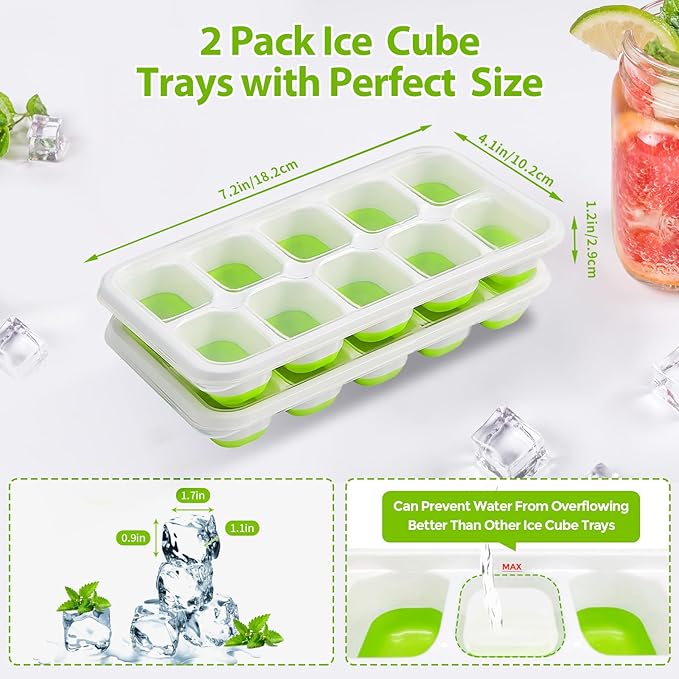 DOQAUS Ice Cube Tray with Lids - 2 Pack Stackable Silicone Ice Trays for Freezer, BPA & LFGB Safe, Easy Release for Kitchen, RVs, Cocktail, Coffee, Soup & Food