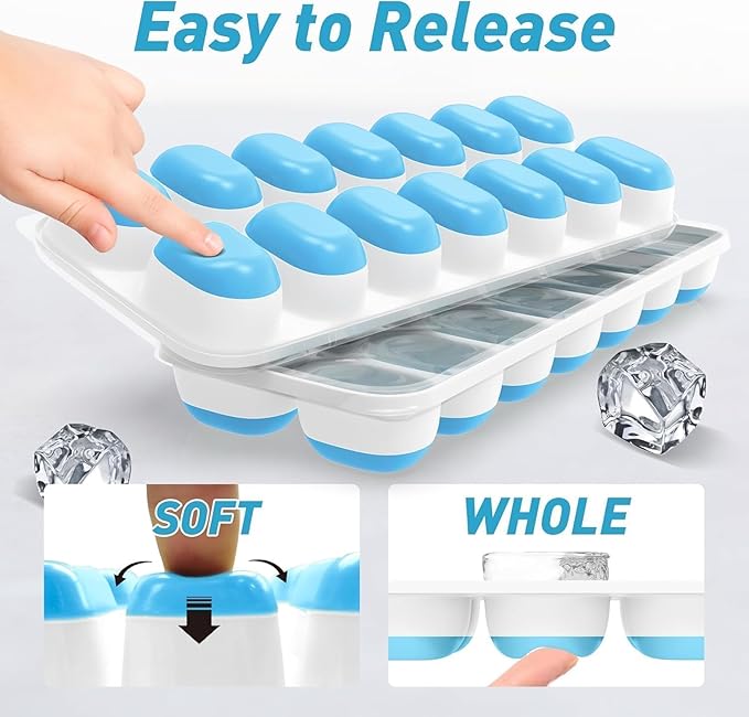 ChefAide Ice Cube Tray with Lid, 2 Packs 28 Cubes Durable Stackable Ice Cube Trays for Freezer with Removable Lids, Easy-Release Plastic & Silicone Ice Tray for Cocktail, Coffee