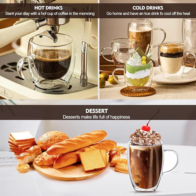 12 oz/350ml Double Walled Glass Coffee Mugs, Glass Coffee Cups Set of 4, Insulated Borosilicate Clear Glasses, Espresso Cappuccino Latte Tea Cups with Handle for Latte, Hot/Cold Drink