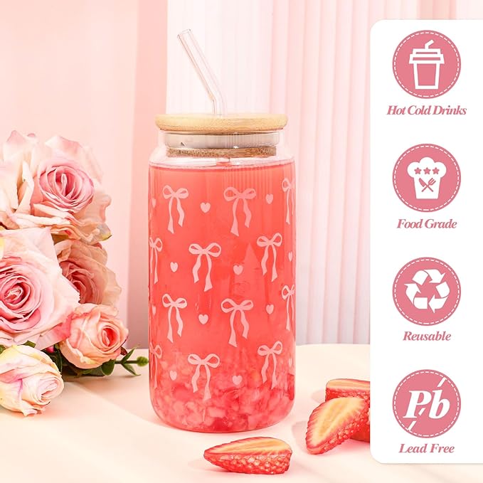 2 Pcs Cute Glass Cups with Lids and Straws, 16Oz Coquette Pink Bow Iced Coffee Cups Preppy Cute Stuff Design Tumbler Mug for Teen Girls Women Kids Mom Bridesmaid Birthday Graduation Wedding Gifts
