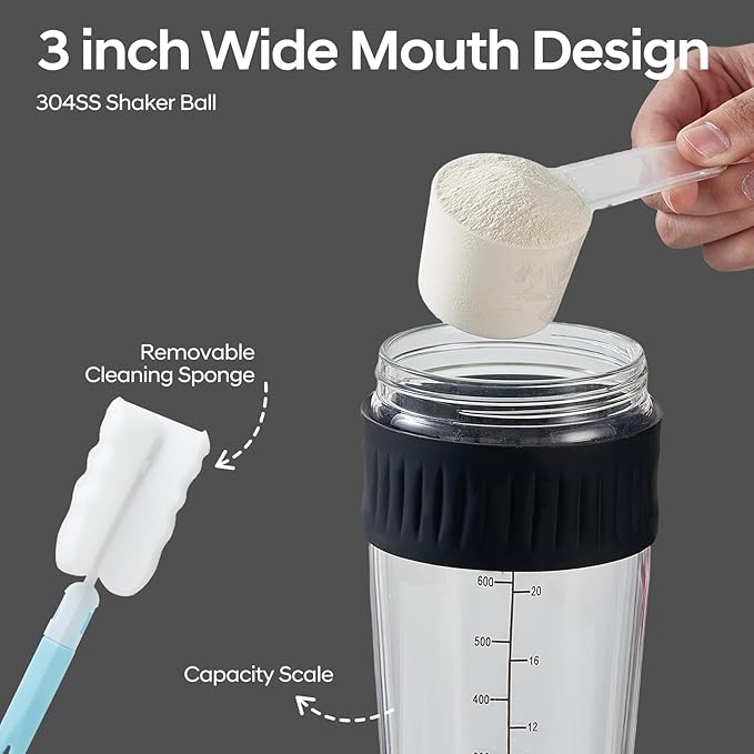 16oz Glass Shaker Bottle for Protein, 2 Pack Small Borosilicate Glass Protein Powder Leak-Proof Shaker Cup Mixes with 304 Blending Ball(16oz,Black)