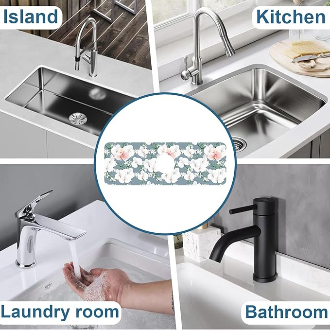 Colorful Wildflowers Kitchen Sink Splash Guard Faucet Mat White Orchid Super Absorbent Fast Drying Mat Sink Splash Guard Behind Faucet for Kitchen Bathroom, 15.5"x5.5"