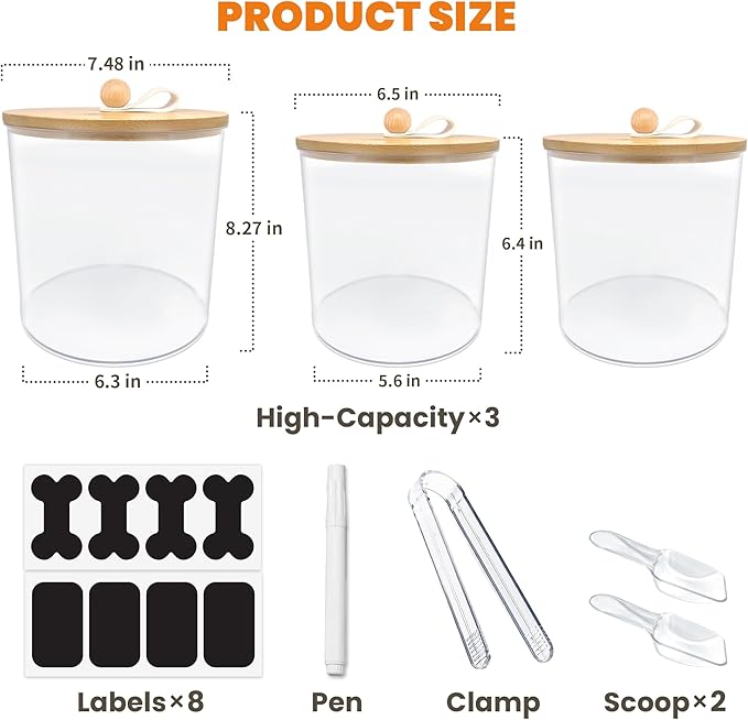 HOYTAMDAR 3 Pack Airtight Dog Food Storage Container, Dog Treat Container Dog Food Containers with Bamboo Lids 8x7''&6x5'',Pet Food Storage Container,Cat Food Container with Scoops,Clamp,Labels,Pen