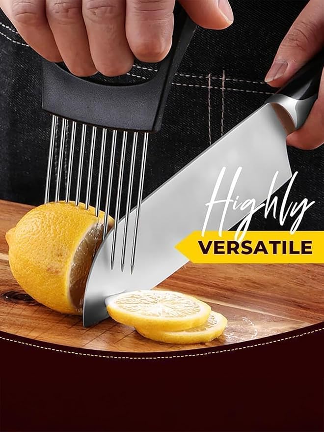 Onion Holder for Slicing, New Stainless Steel Onion Slice Holder Lemon Slicer Vegetable Cutter, Kitchen Chopper Slicing Assistant Tool for Meat, Onion, Potato, Tomato (Black, 1 Pack)