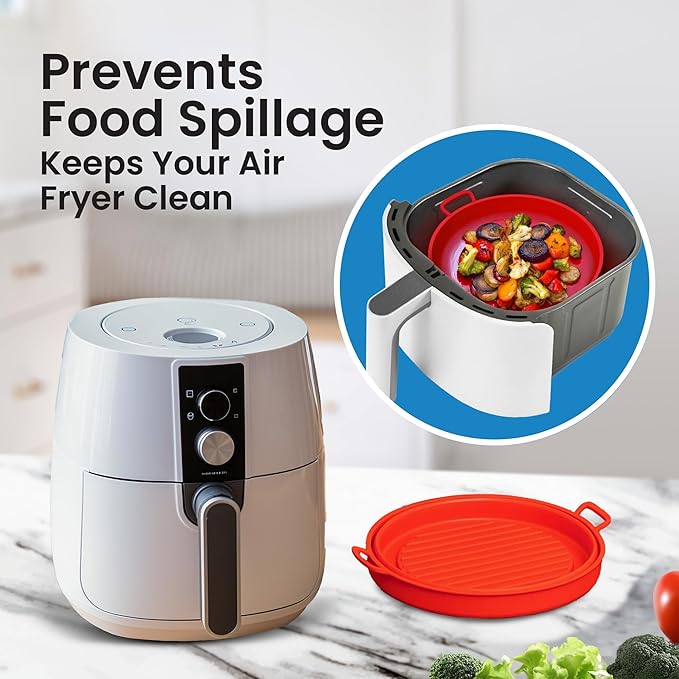 Collapsible Silicone Air Fryer Basket Liners Pot - AirFryer Liners Reusable Bowls for 5 Quart or Bigger As Seen on the Today Show - Air Fryer Accessories 2 Pack - Round Silicone Liners (Red & Black)