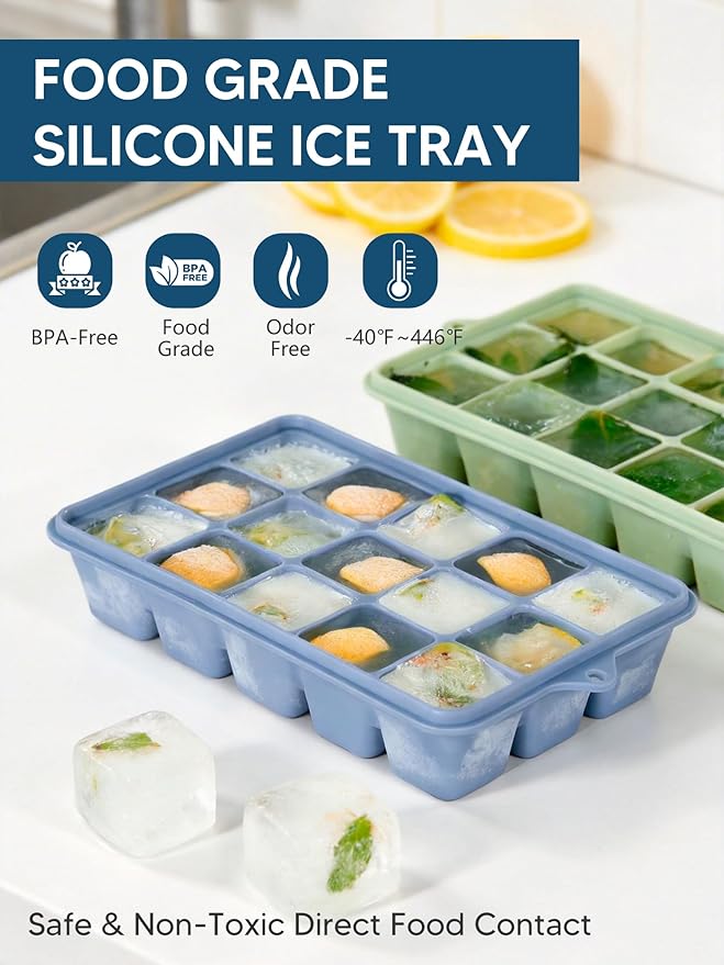 Silicone Ice Cube Trays with Lid, 2 Pack 30 Cubes, Easy Release Silicone Cube Molds, Reusable and Stackable Ice Cube Trays for Freezer, Covered Ice Cube Trays for Cocktails, Whiskey, Coffee