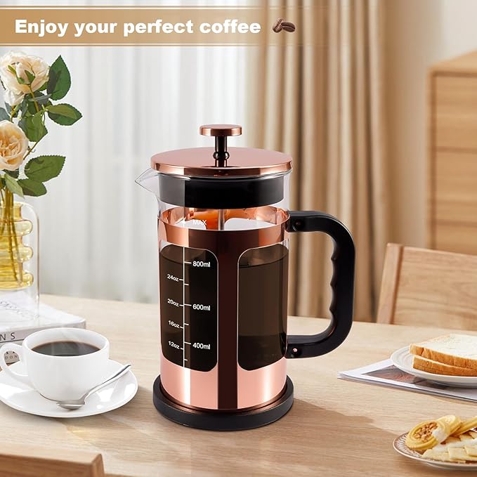 French Press Coffee Tea Maker, Upgrade Heat Cold Resistant Thickened Glass with 4 Level Stainless Steel Filtration System Brew Coffee & Tea, BPA Free, Large 1000ml 34oz, Rose Gold