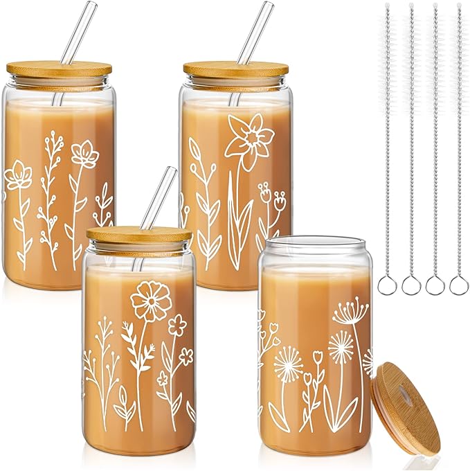 Mumufy 4 Pack Bridesmaid Gift Glass Cups, Cute Flower Mason Jars with Bamboo Lids & Straws, 16oz Iced Coffee Tumblers for Wedding, Bridal Party, Birthday, Mother's Day(Boho Floral)